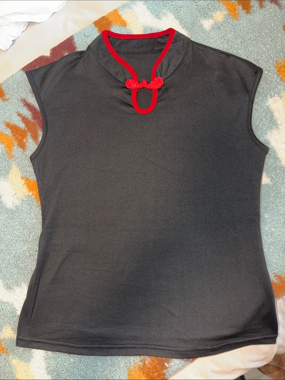 Women’s Black Sleeveless Top with Red Trim asian oriental mandarin size medium!
